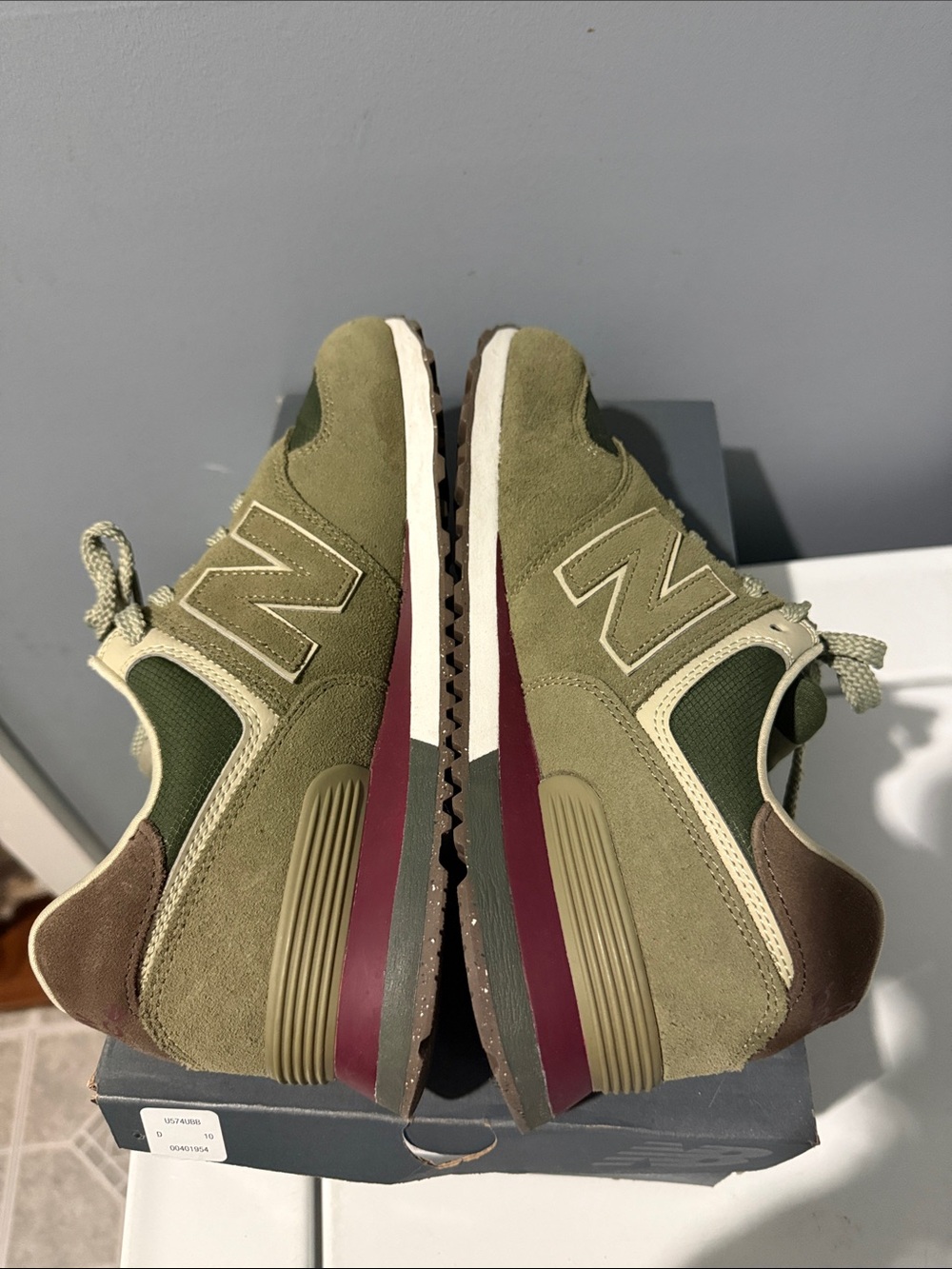 New Balance Olive and Tan “Green Beige” Retro 574 Sneakers with Burgundy Accent - Picture 3 of 5